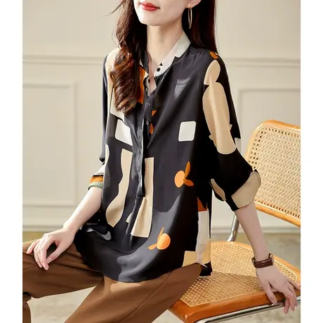 宝诗黎印花桑蚕丝长袖衬衫女士新款复古小众上衣2023秋季休闲衬衣商品大图