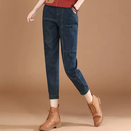 韩潮袭人松紧腰刺绣拼接牛仔裤女2023秋装新款修身显瘦百搭哈伦裤商品大图