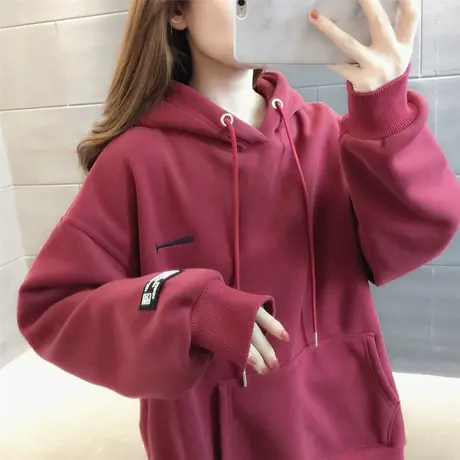 新年红色卫衣2023百搭简约宽松加绒加厚纯色简约风韩版女士上衣潮商品大图