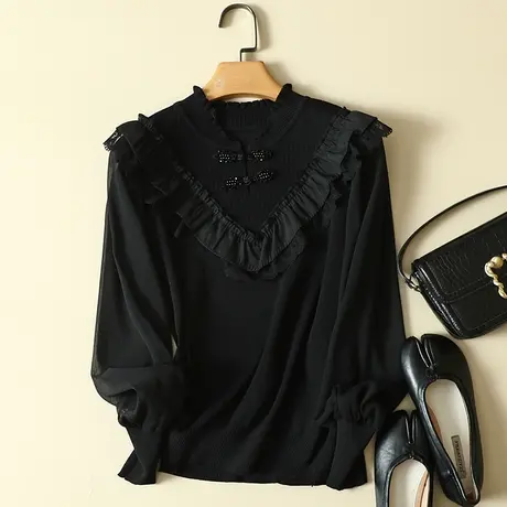 春装2023年新款雪纺袖冰丝针织衫女长袖宽松上衣洋气蕾丝打底衫女图片