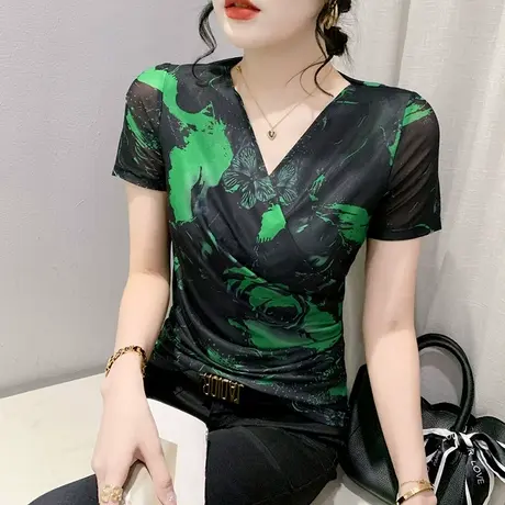 时尚网纱T恤女短袖2023夏季新款性感V领修身小衫气质别致百搭上衣商品大图