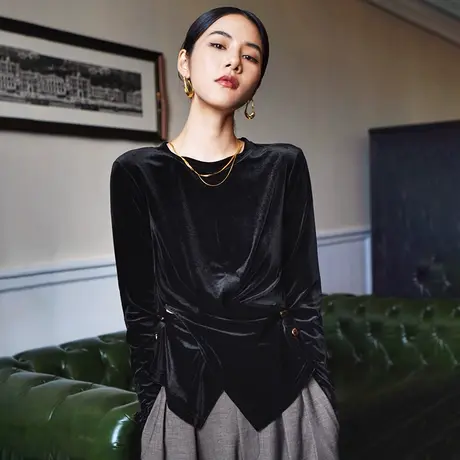 圆领复古T恤加厚丝绒上衣秋装女2023年内搭洋气长袖金丝绒打底衫图片