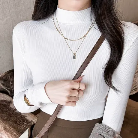 白色半高领打底衫女内搭莫代尔秋衣大码基础款上衣长袖T恤秋冬薄图片