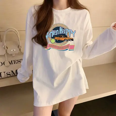 秋冬韩版纯棉宽松潮印花纯棉长袖T恤女打底衫t恤上衣小众百搭ins商品大图