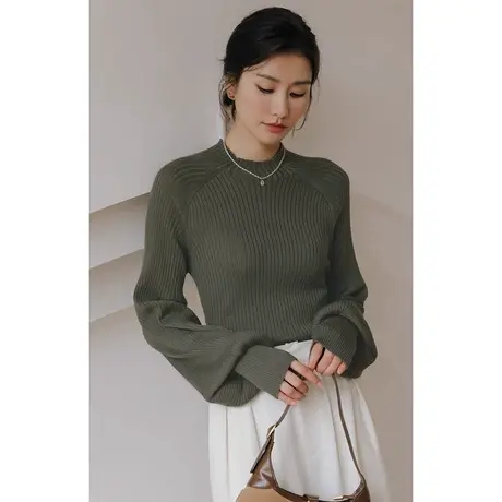 弥古法式针织衫长袖早秋季灯笼袖上衣高级感女小众显瘦毛衣打底衫商品大图