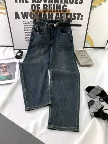 韩版水洗弹力牛仔阔腿裤女2023秋季新款显瘦百搭高腰裤宽松男友裤商品大图