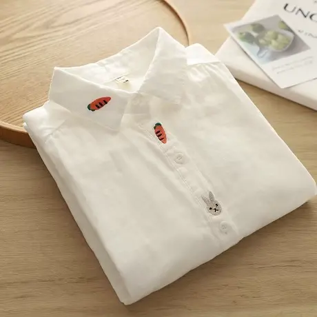 春秋新款学院风文艺小清新双层纱纯棉白色衬衫女宽松长袖打底上衣商品大图