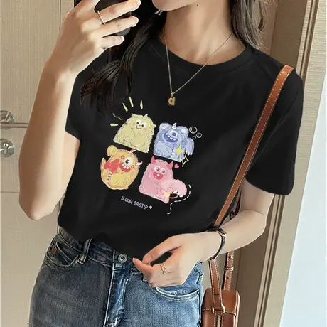 黑色t恤女新款2023新款纯棉大码正肩短袖潮牌半袖体恤夏季上衣服图片