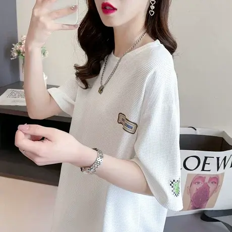 小众设计感小个子短袖t恤女夏装韩版宽松大码中长款华夫格上衣潮图片