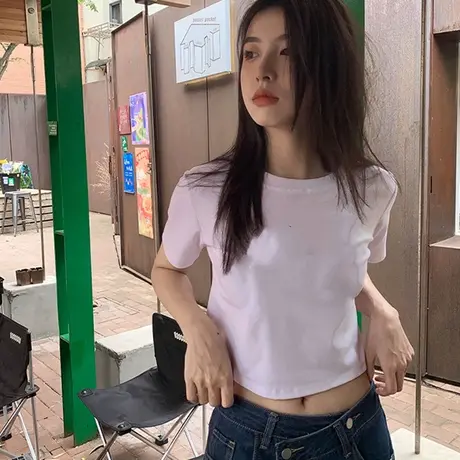 夏季新款小众设计感薄款别致潮上衣甜酷白色短袖短款宽松T恤女装商品大图
