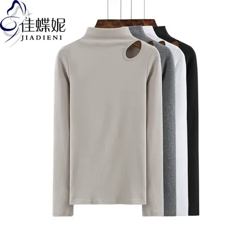 秋冬新款韩版纯棉半高领镂空长袖上衣体恤纯色修身打底衫T恤女装图片
