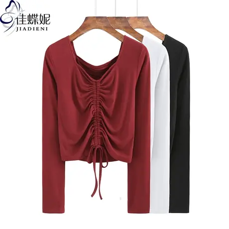 早春新款韩版纯棉修身抽绳短款方领长袖体恤上衣女打底衫高腰T恤商品大图