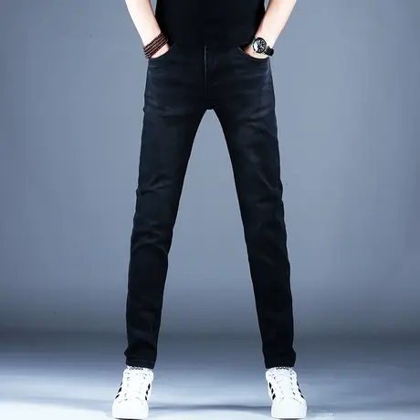男士新款秋季牛仔裤百搭黑色修身精致小脚裤2023厚款男潮牌弹力裤图片