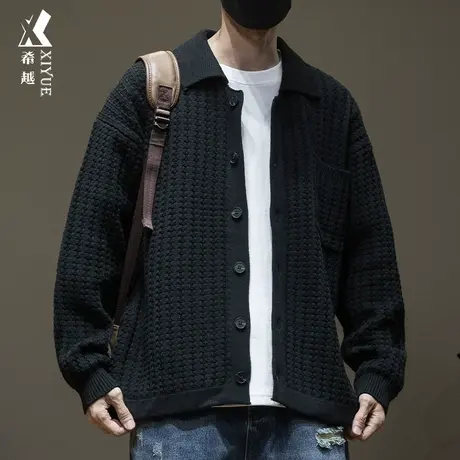 2023秋冬新款翻领毛衣男开衫男装外套男士秋季宽松大码针织粗线衣商品大图