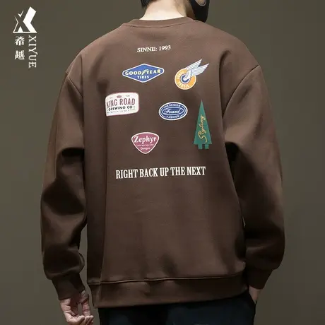 希越美式复古360g重磅卫衣男秋季宽松大码精品双面棉印花内搭上衣商品大图