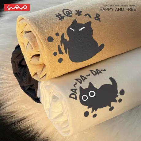悦游 快跑抓挠黑猫 纯棉趣味中性风原创小众潮牌印花夏短袖T恤男商品大图