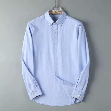 纯棉衬衫男休闲秋季薄款宽松长袖全棉商务白色衬衣男士天蓝色上衣图片