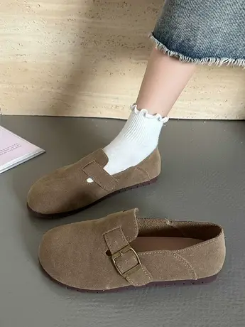 磨砂丑萌勃肯鞋2023秋季新款森系平底复古单鞋一脚蹬圆头豆豆鞋女图片