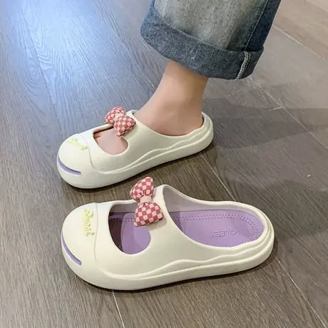 格子蝴蝶结开口笑凉拖鞋女夏季网红外穿厚底踩屎感防滑包头半拖鞋商品大图