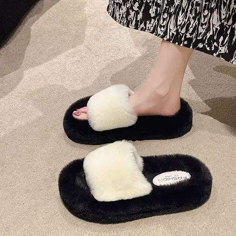 今年流行的厚底毛毛拖鞋女2024秋季新款拼色高级感懒人一字棉拖鞋商品大图