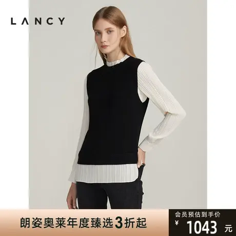 朗姿女装新款年冬季显瘦修身黑白羊毛套头假两件上衣女针织衫图片