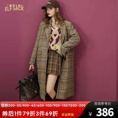 妖精的口袋棕色英伦格纹大衣女2022秋冬季新款加厚高级感长款外套图片