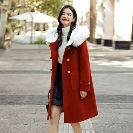 时尚气质狐狸毛领毛呢大衣2022年冬季新款淑女温柔宽松中长款外套图片