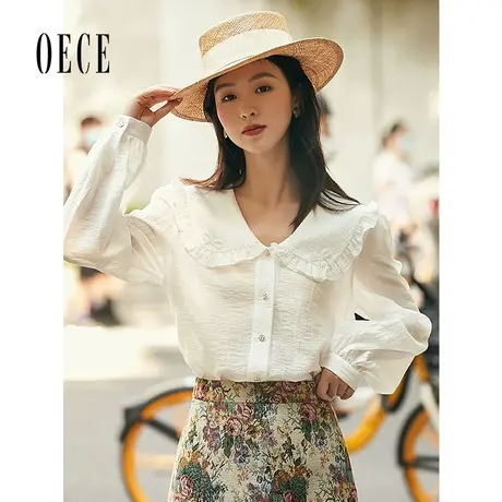 Oece气质白色衬衫秋装新款女法式娃娃领长袖衬衣上衣图片