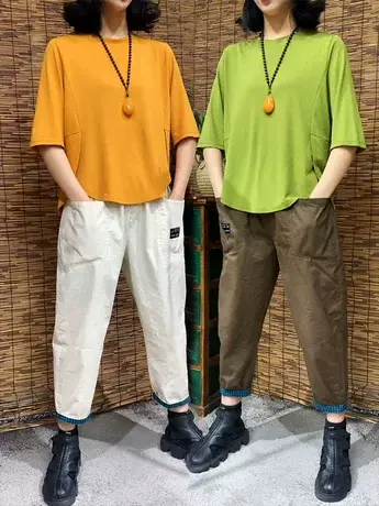 2023年夏季时尚不规则遮肉T恤女新款中袖洋气圆领宽松上衣t恤衫潮商品大图