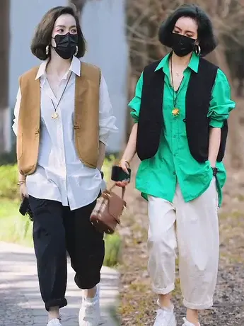 2023春秋季新款学院风V领马甲女时尚纯色盘扣无袖上衣坎肩背心潮图片