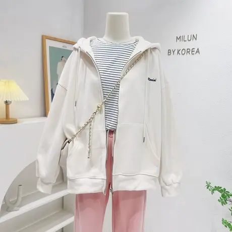 2022秋款韩系甜美温柔ins纯色拉链开衫连帽外套慵懒休闲宽松上衣图片