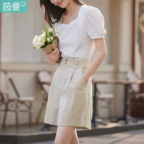 茵曼百慕大阔腿短裤女2023夏季新款宽松高腰通勤纯色直筒休闲裤子商品大图