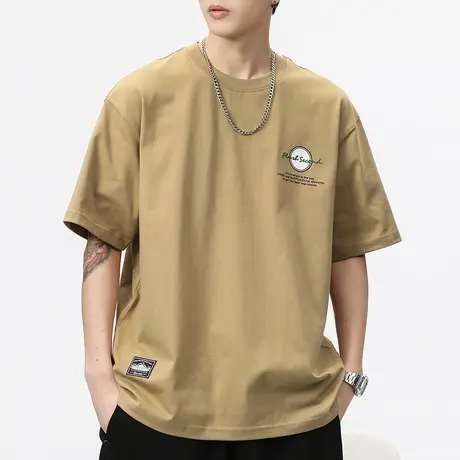 男士卡其色短袖t恤男潮牌宽松纯棉印花体恤2023新款夏季衣服男款商品大图