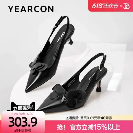 意尔康真皮后空凉鞋2025夏新款蝴蝶结尖头猫跟高跟鞋低跟包头单鞋图片