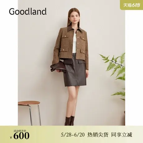 Goodland美地秋季羊毛小香风复古驼色休闲短外套图片