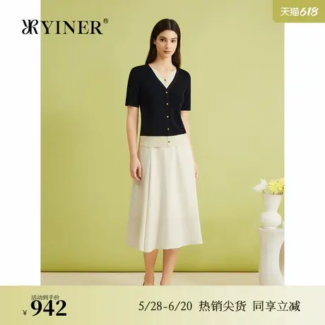 【天丝系列】YINER音儿夏季撞色假两件V领莱赛尔毛针织衫图片