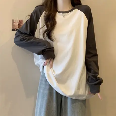 插肩长袖T恤女春秋季宽松纯棉中长款拼接撞色打底衫上衣ins潮牌商品大图