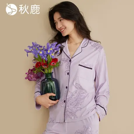 秋鹿【超柔软】纯棉睡衣女2025春秋款高级感印花可外穿家居服套装商品大图