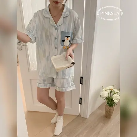 睡衣女款2025新款夏可爱企鹅夏季薄款凉感纯棉短袖短裤家居服套装商品大图