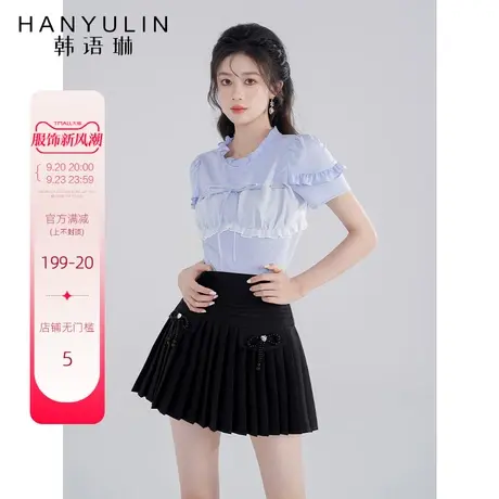 韩语琳蓝色木耳边拼接衬衫上衣设计感小众女夏季圆领绑带短款T恤图片