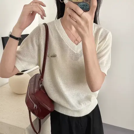 设计感V领针织短袖t恤女2025新款春夏薄款微透韩系显瘦上衣打底衫商品大图