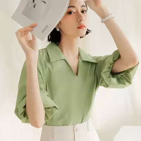桔熊春夏季通勤纯色落肩蓬蓬泡泡袖衬衫短款上衣女装大码AB17459图片