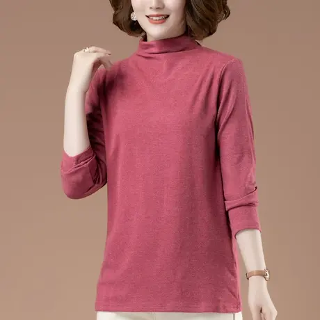 半高领打底衫女秋冬加肥加大码女装宽松中年妈妈减龄显瘦长袖t恤商品大图