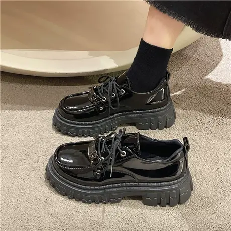 厚底增高系带英伦风小皮鞋女2023年新款春秋季复古英伦风百搭单鞋商品大图