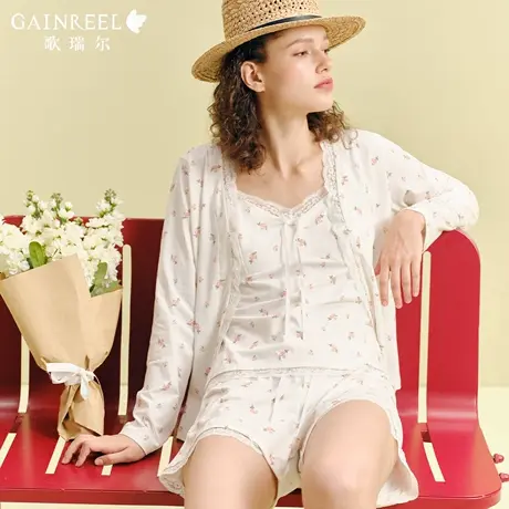 歌瑞尔可外穿法式蕾丝复古碎花薄款棉质性感吊带睡衣女家居服套装商品大图