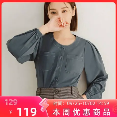 桔熊秋季通勤复古圆领衬衫口袋宽松长袖上衣女胖妹妹大码AB17620图片