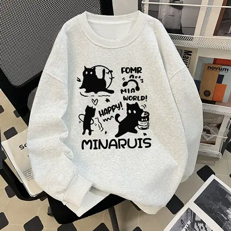 美式复古圆领白灰色卫衣女士2025早秋薄款宽松慵懒风oversize上衣商品大图