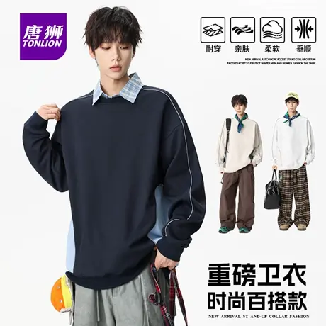 唐狮秋季薄款男士美式复古运动显瘦针织圆领套头卫衣潮牌T恤装AP商品大图