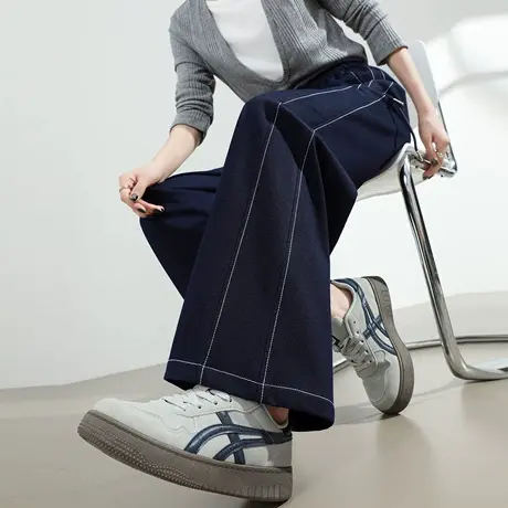 阔腿牛仔裤女春秋季新款高腰宽松显瘦垂感抽绳深蓝色宽松直筒裤子图片