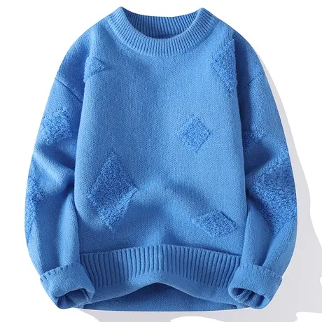 2023秋冬季加厚卡牌方块提花毛衣男士纯色百搭休闲线衣打底针织衫商品大图